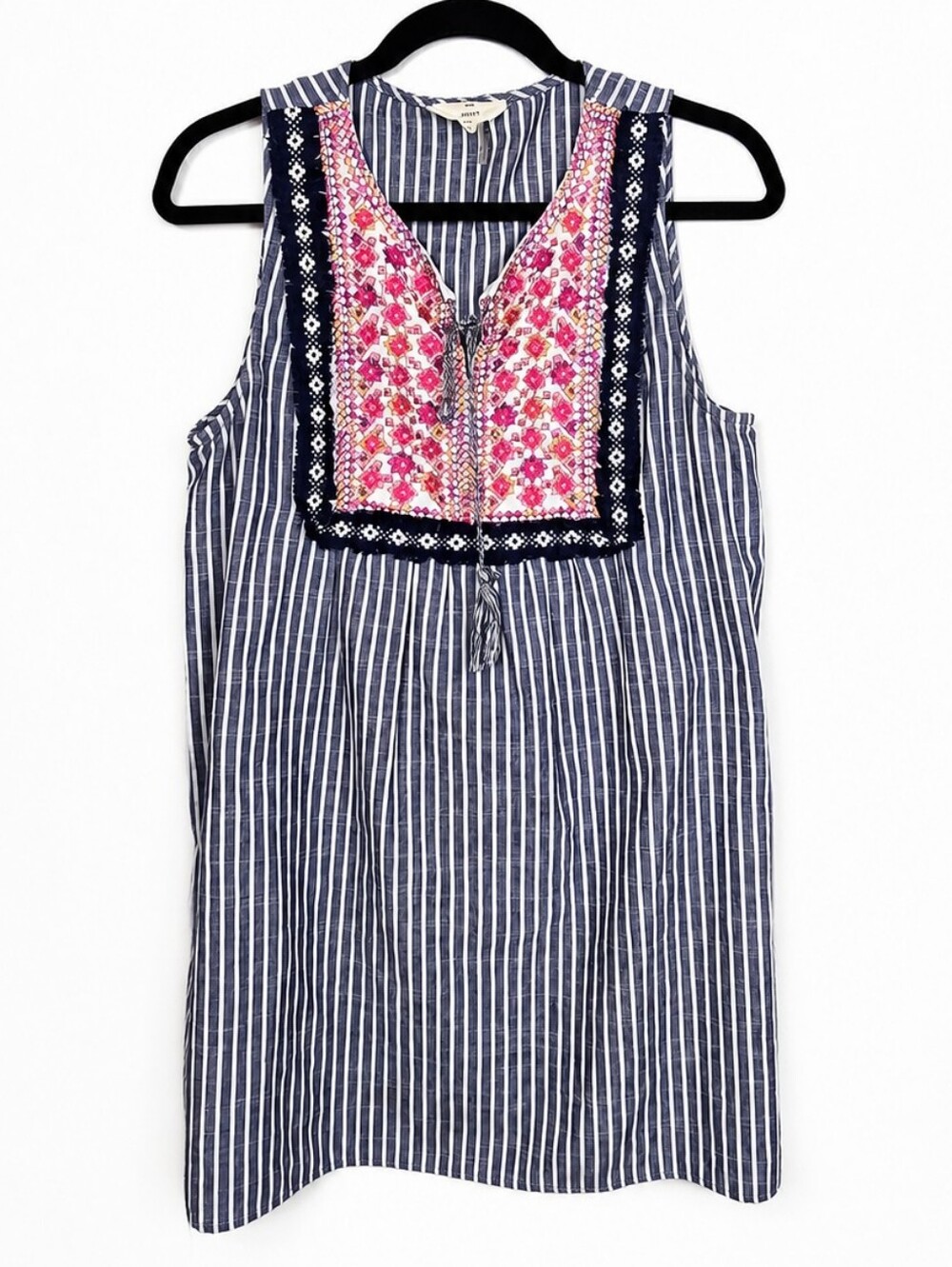 Entro Embroidered Stripe Sleeveless Tunic Top Boho Tassel Blue Pink Medium